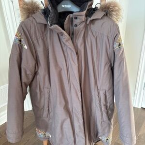 QUARTZ Nature Inuit parka sz M winter coat brown w/ fur trim & deco embroidery